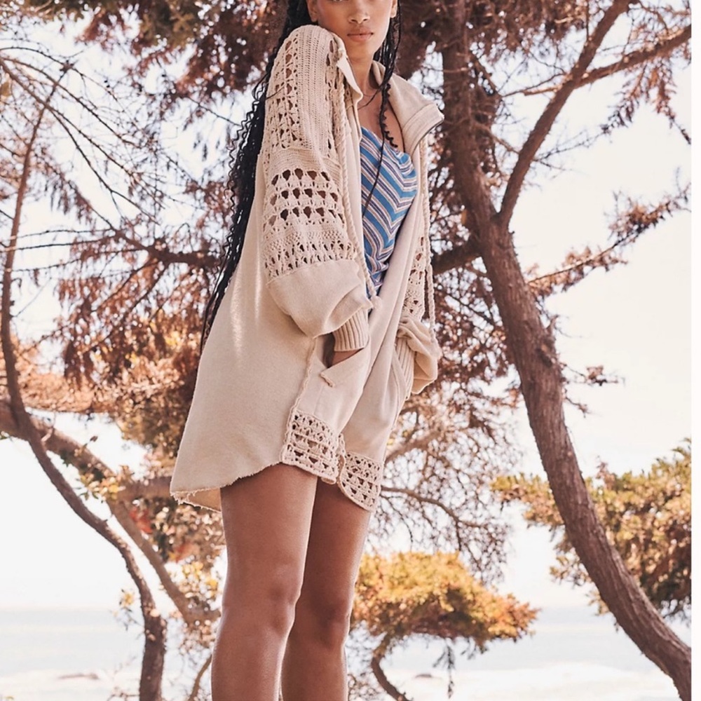 Free People Dune Bug Crochet Slouchy Cardigan In White Swan Size L